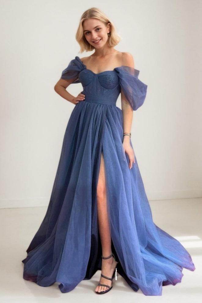 A-Line Sweep-Brush Train Tulle Prom Dress CS0705 - COCOMELODY